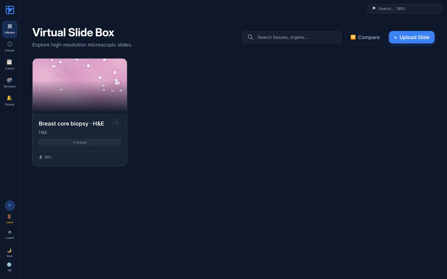 Virtual Slide Box library view with a slide card showing an H&E thumbnail.